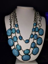 Chunky Faux Turquoise Statement Necklace Silver Tone Multi Strand 135g