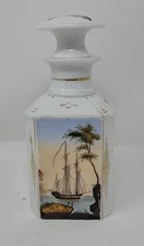 Old Paris Cologne  Perfume Bottle Porcelain Hand Painted Ship Design  c. 1840