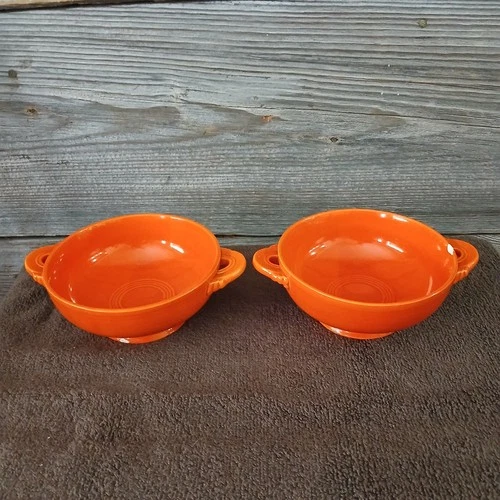 Fiesta Orange Ceramic Soup Bowls with Handles Glossy Set of 2 USA