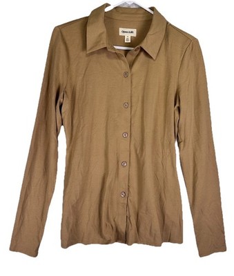 Open Edit Stretch Knit Tan Long Sleeve Collared Button Up Blouse Size Medium