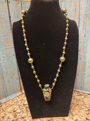 Unique OOAK Small Cloisonné Perfume Bottle Vessel Urn On A Beaded Necklace 21 