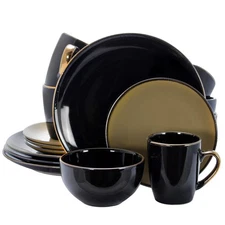 Elama Cambridge Grand 16-Piece Dinnerware Set in Luxurious Black and Warm Taupe