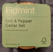 Figmint Salt And Pepper Cellar Set. Stoneware And Acacia Wood. White. 2in Tall