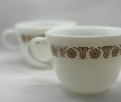 2 Vintage 70s Pyrex Butterfly Gold Milk Glass Coffee Tea Cup Mug