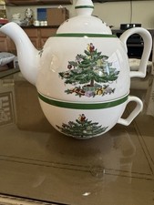 Spode Christmas Tree Cheer Tea Set 3-Piece Stacking Tea Pot and Cup