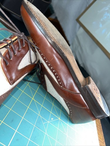 Johnston & Murphy👞Sz 9.5D Men Brown/Cream Lthr/Canvas Two-Tone Wingtip Brogue - Picture 13 of 24
