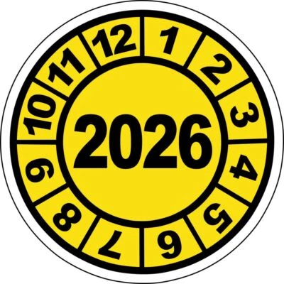 DIE-STICKERBAR Jahresplaketten 2026 gelb 20mm UVV Prüfplaketten Wartungsetiketten BGV D27