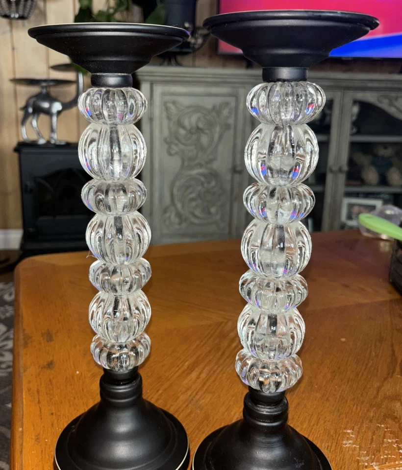 2 LRG 装饰支柱烛台黑色带透明亚克力球设计 — 第 2/4 张图片