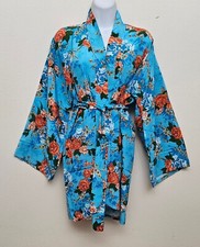 Vintage 60  s Large Blue Floral Print Short Kimono Robe Cotton Made In Hong Kong