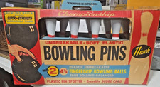 Vintage Plastic Children's Bowling Set with 10 Multicolor Pins and 2 Black Balls — listing 6