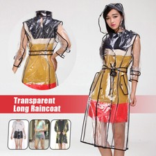 Ladies Long Transparent Raincoats Waterproof Rain Coat Jackets Hooded with Belt