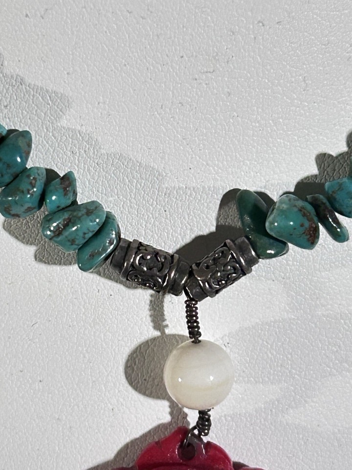 Native American Sterling Turquoise Red Coral Rose Necklace 17in eBay