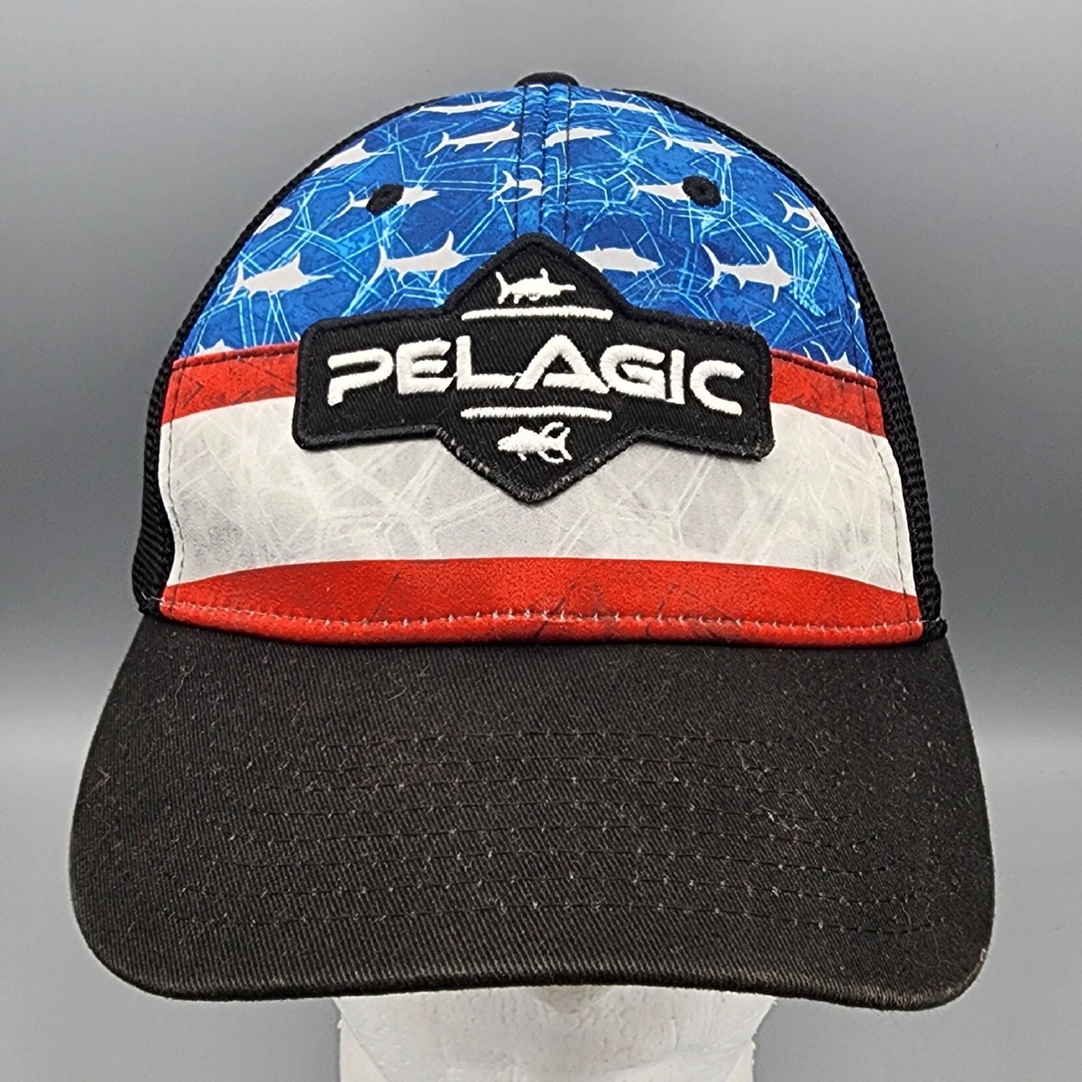 Pelagic Mesh Back Hat Snap Back Adjustable Red White & Blue Fishing Flag