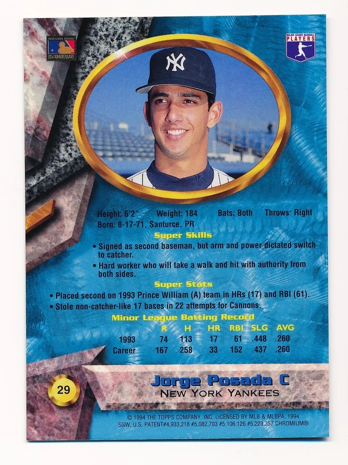 1994 Bowman's Best Хорхе Посада No29 RC дебютант NY Yankees без резерва как новый или лучше - Изображение 2 из 2