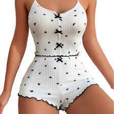 2pc Cami PJ Set Black/White Hearts Lingerie Womens Loungewear Pajamas Top Shorts