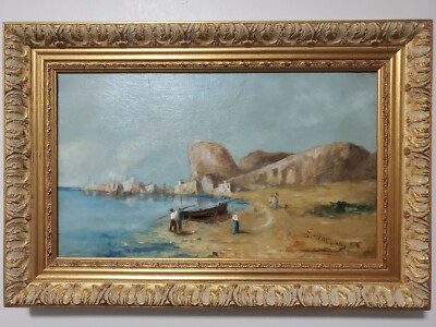 #ad #ad Antique Italian oil painting on canvas coastal scene Capri ? $799.99