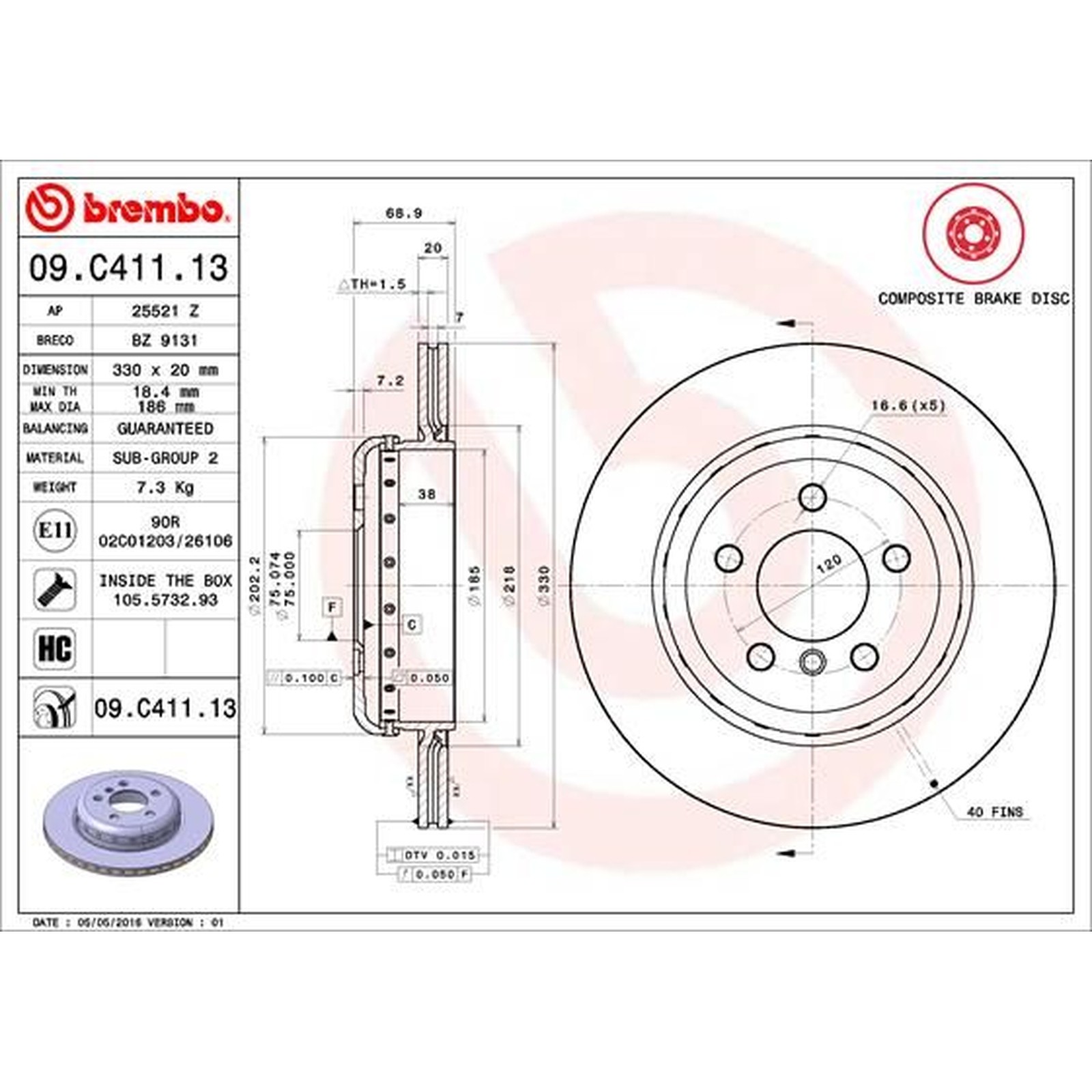 BREMBO Composite Brake Disc - UV Painted - Rear Axle - Fits BMW - 09.C411.13