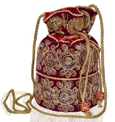 Potli Bag Clutch, Drawstring Purse For Women With Intricate Gold Thread & Seq...
