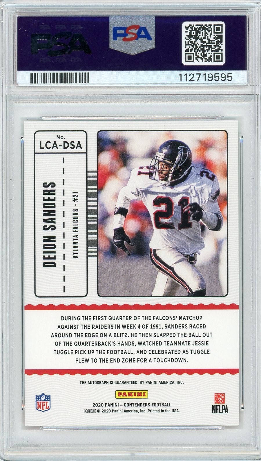2020 Panini Contenders - Deion Sanders Contenders Auto Jersey # 21/25 PSA 9 Mint view 2