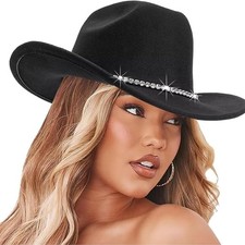 Women Sparkly-Rhinestone Western-Cowgirl-Hat Glitter-Bling Cowboy-Hat Felt-Rodeo