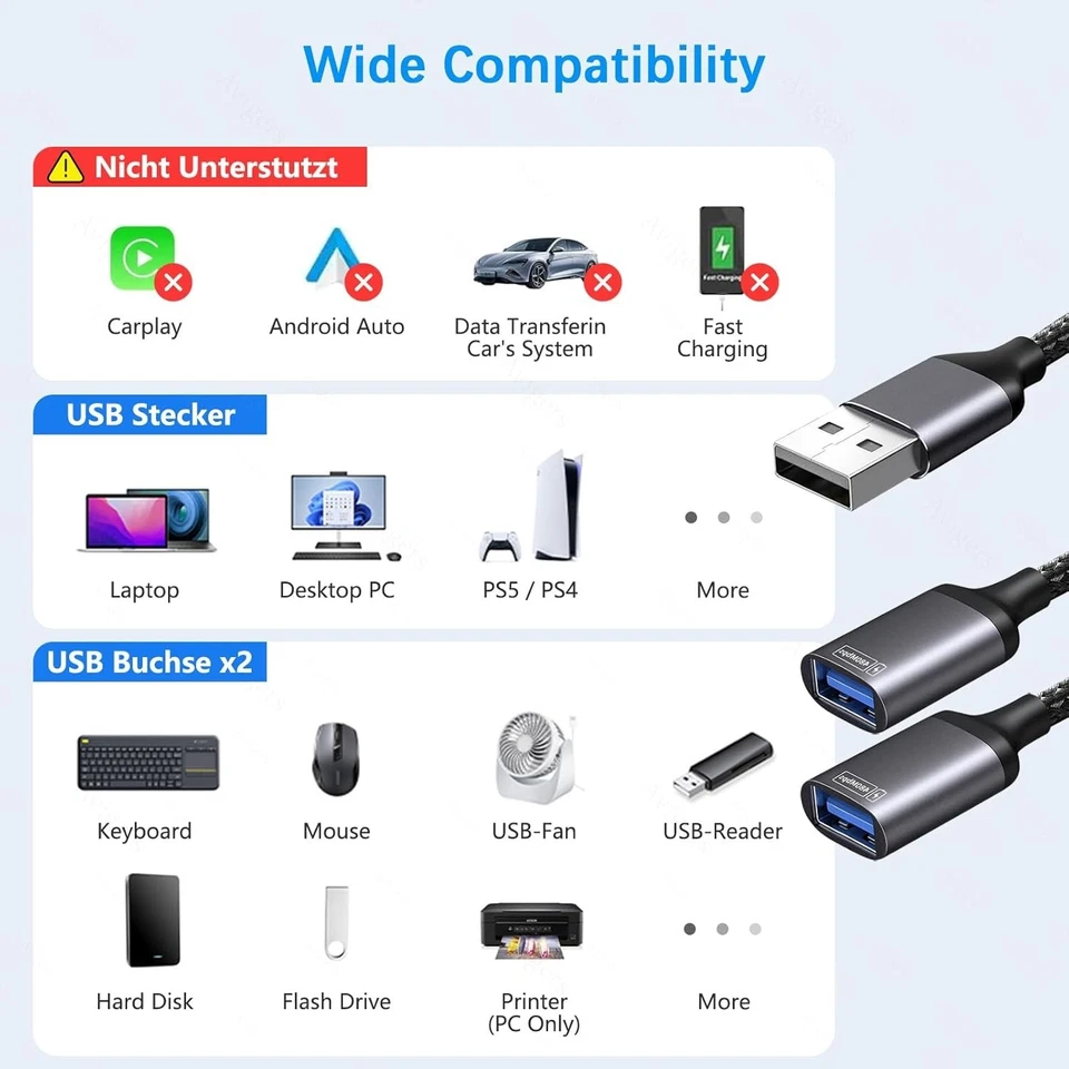 USB Splitter 1 zu 2, USB Doppelstecker Y Kabel Verteiler 1 auf 2 Adapter, Dual P - Bild 2 von 4