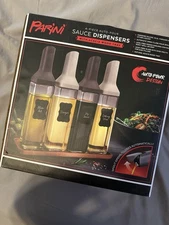 NIB PARINI 4-Piece Auto-Pour Sauce Dispenser Set W/ Acacia Wood Tray