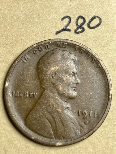 1911-S LINCOLN WHEAT CENT, rare date, "VERY GOOD" condition #280