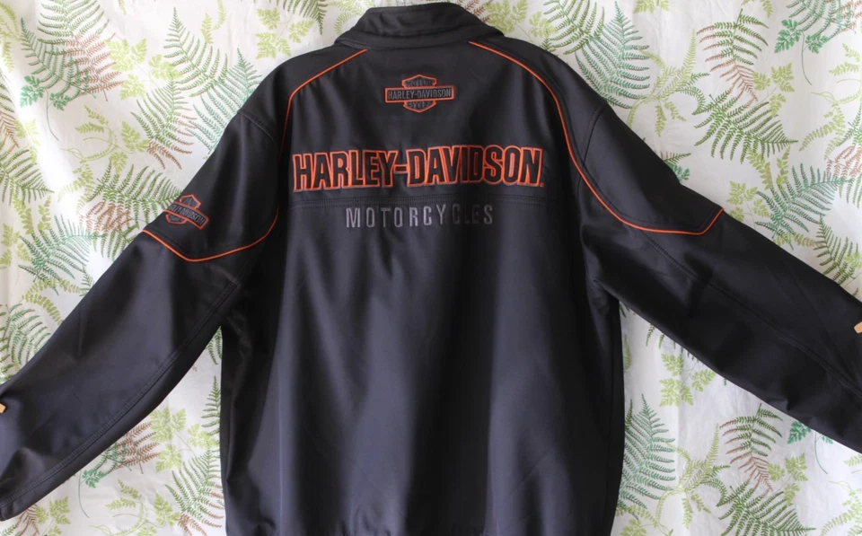 Chaqueta de motocicleta Harley negra naranja con ribete de polietileno talla XL cremallera completa forrada de vellón Foto 4 de 4