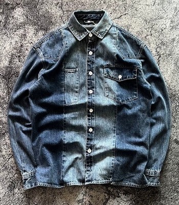 Men's Retro American Western L/S Button Up Gradient 2 Tone Workwear Denim Shirt