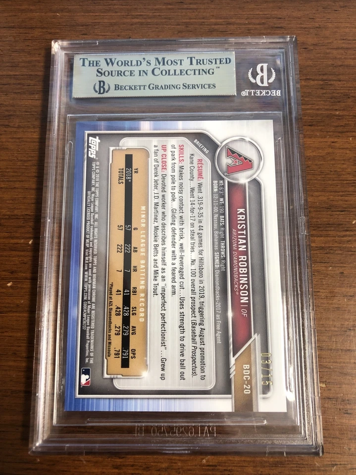 2019 Bowman Chrome Draft Sapphire Gold /15 Kristian Robinson BGS 9.5 Gem Mint SP - Image 2 of 2