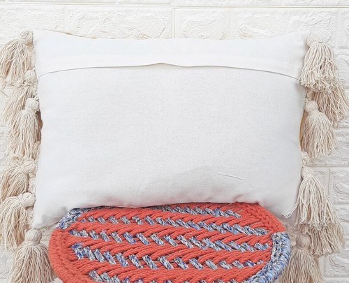 Terracotta & Ivory Boho Throw Pillow Cover 20x12 Inch with Tassels - Picture 8 of 9