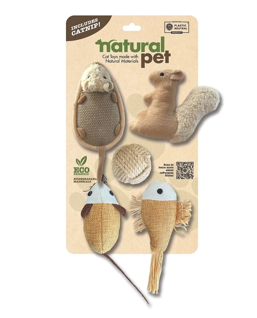 NATURAL PET CAT TOY GIFT COMBO PREMIUM SQUIRREL MOUSE FISH ROPE BALL w/ CATNIP