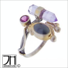 Modernist Silber Fingerring Amethyst Hämatit Granat