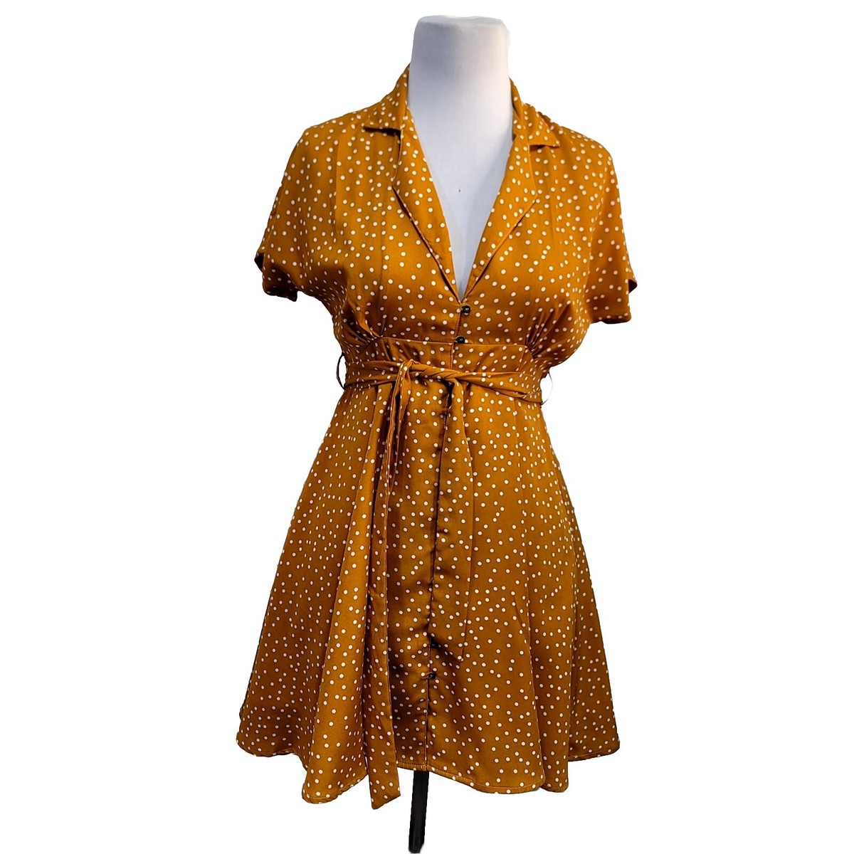 mustard yellow polka dot dress The Clothing Company Mustard Yellow Polka Dot Button Front Belted Dress M