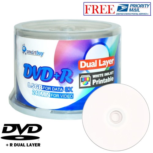 50 Pcs SmartBuy Blank DVD+R DL 8X 8.5GB Dual Layer White Inkjet Printable Disc - Afbeelding 1 van 1