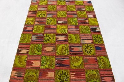 Patchwork Vintage Rarität Orient Teppich grün rosa Design 200x140 handmade 2173