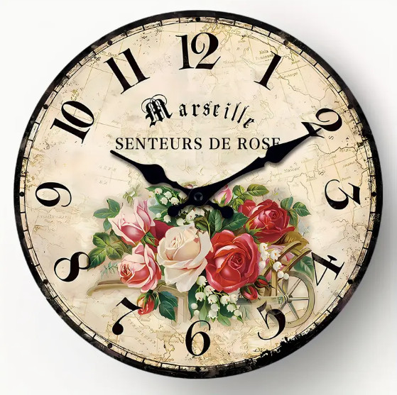 WALL CLOCK- Country Rose Wooden Round Wall Clock, Silent No Ticking, 10 Inch