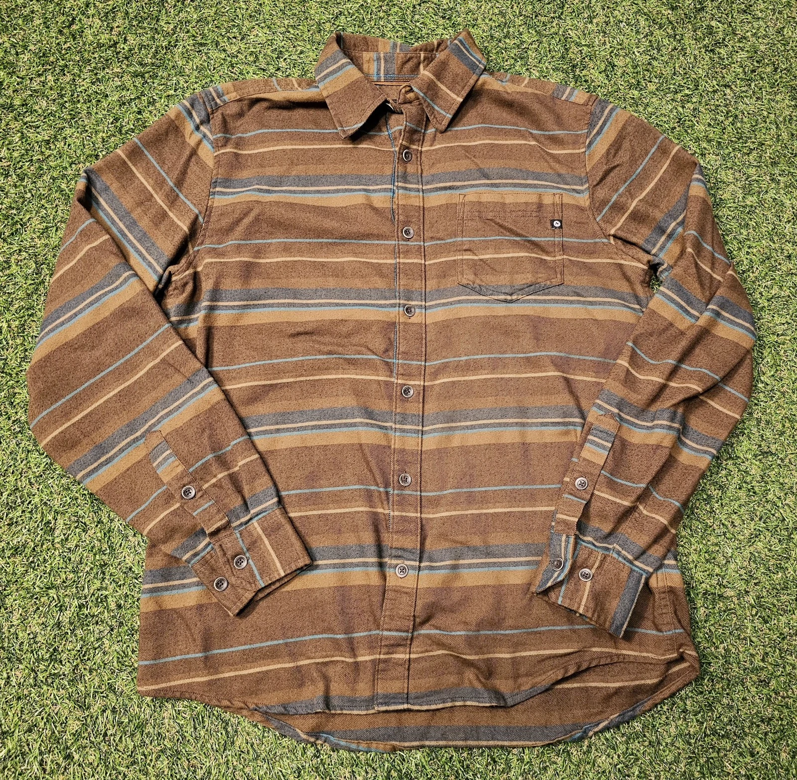 Marmot Shirt Mens Medium Brown Stripe Flannel Button up Outdoor Work Lightweight