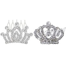 2 Pcs Princess Crown Rhinestone Tiara Hair Comb Crystal Clip Mini Silver