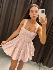 Zara Draped Balloon Short Mini Dress Gathered Beige Pink Size XL 3435/324 New