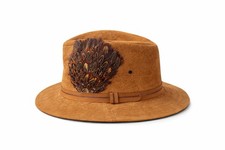 Vintage Suede Fedora Hat Pheasant Feather Trim USA Made Boho Western