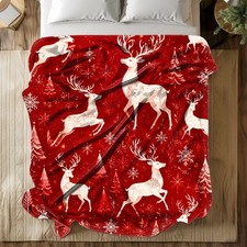 Christmas Reindeer Snowflake Coral Fleece Blanket Holiday Decor