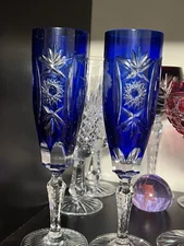 AJKA Marsala  Cobalt Blue Cut to Clear  Champagne Flute Set Of 2