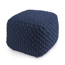 Square Cotton Pouf Ottoman Navy Blue - 18.5 x 18.5 x 14.5 Knit Foot Stool Pouffe