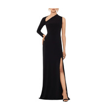 Betsy  Adam Asymmetric One Shoulder Evening Gown Black Crepe Maxi Dress 12