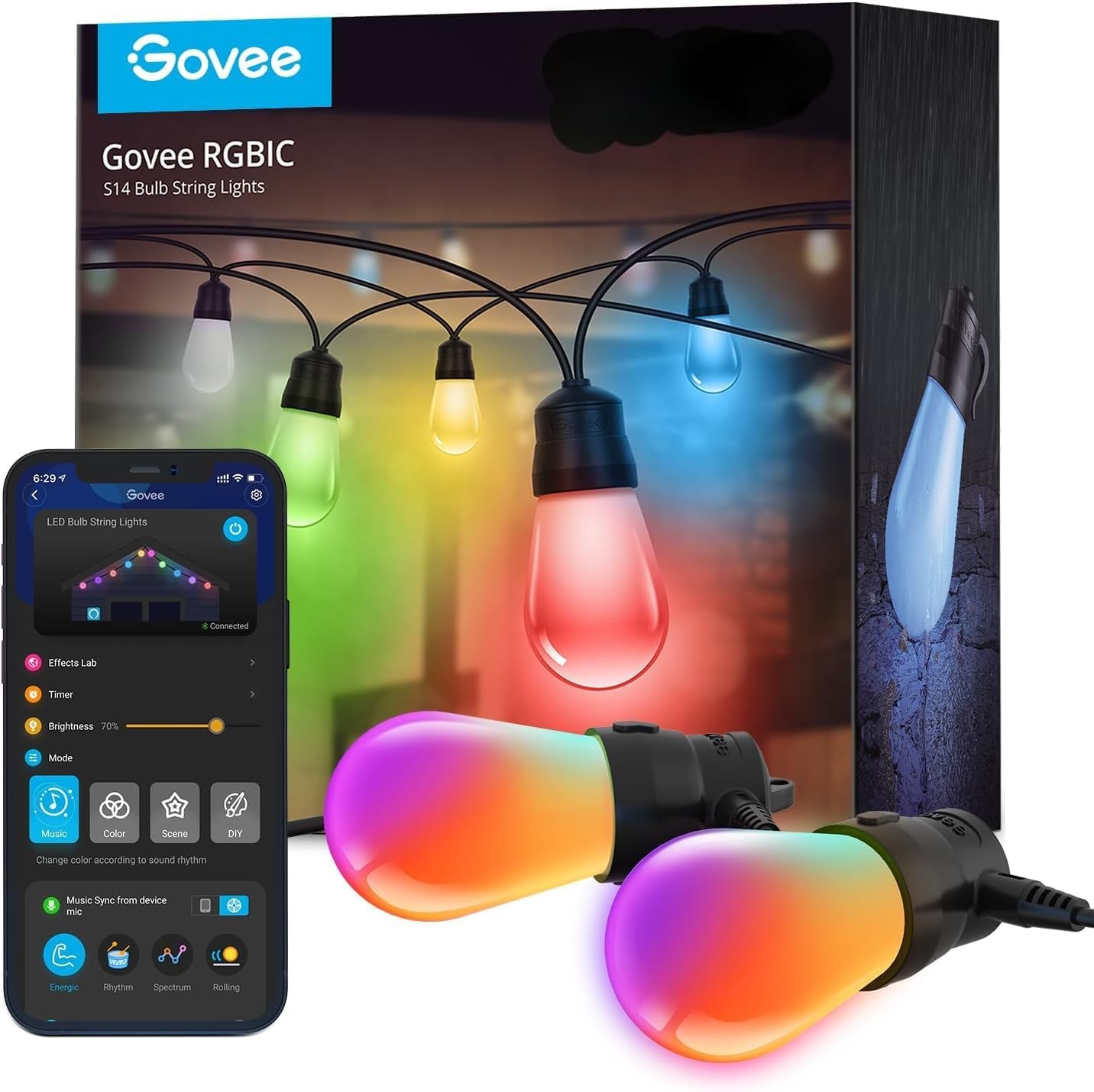 Govee Smart Outdoor String Lights H7015, 48ft RGBIC Outdoor Lights with 15 Dimma