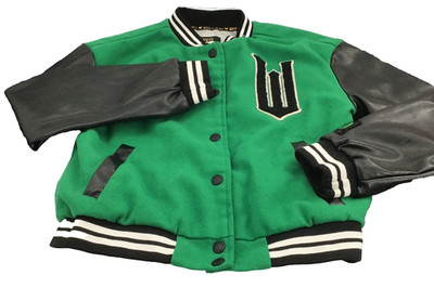 Wicked Justice Varsity Bomber Jacket Girl Size Medium Green Black Elphaba Coat