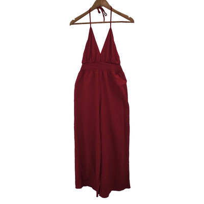 Womens Sleeveless Red Wide Leg Jumpsuit Romper Size M Elastic Waist V-Neck SHEIN