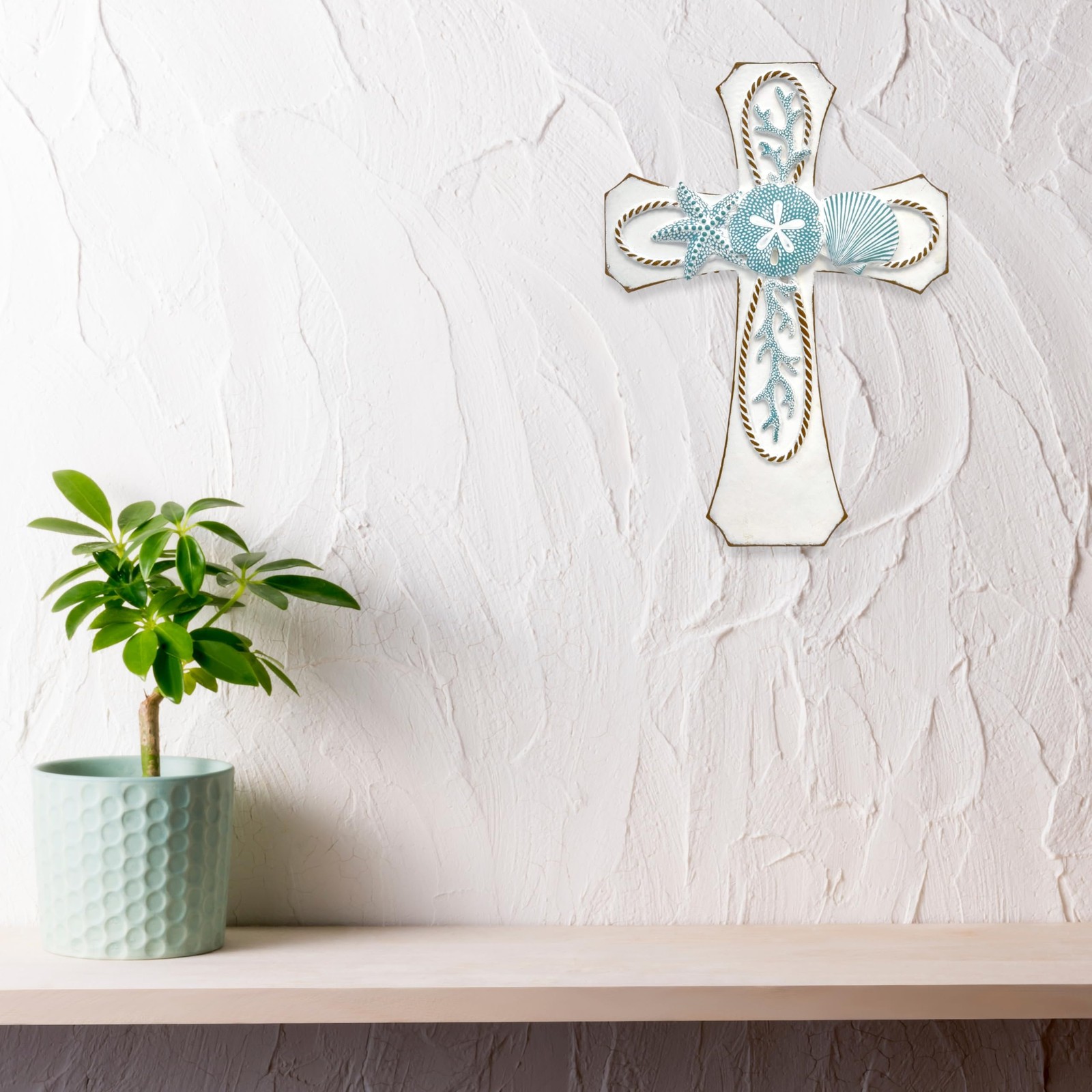 Coastal Nautical Spiritual Wall Cross with Starfish, Coral, and Sea Shell Des...