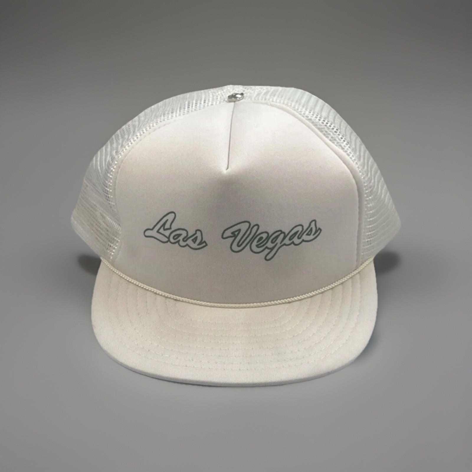 VTG 80s 90s Las Vegas Mesh Trucker Snapback Hat Cap Green Script Lettering OSFM